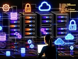 Abstraktes Tech-Magazin-Cover mit Serverracks, Cloud- und JavaScript-Logos, API-Symbolen, einem fokussierten Creator am Laptop und einem modernen Darkmode-Dashboard mit Neonlicht.