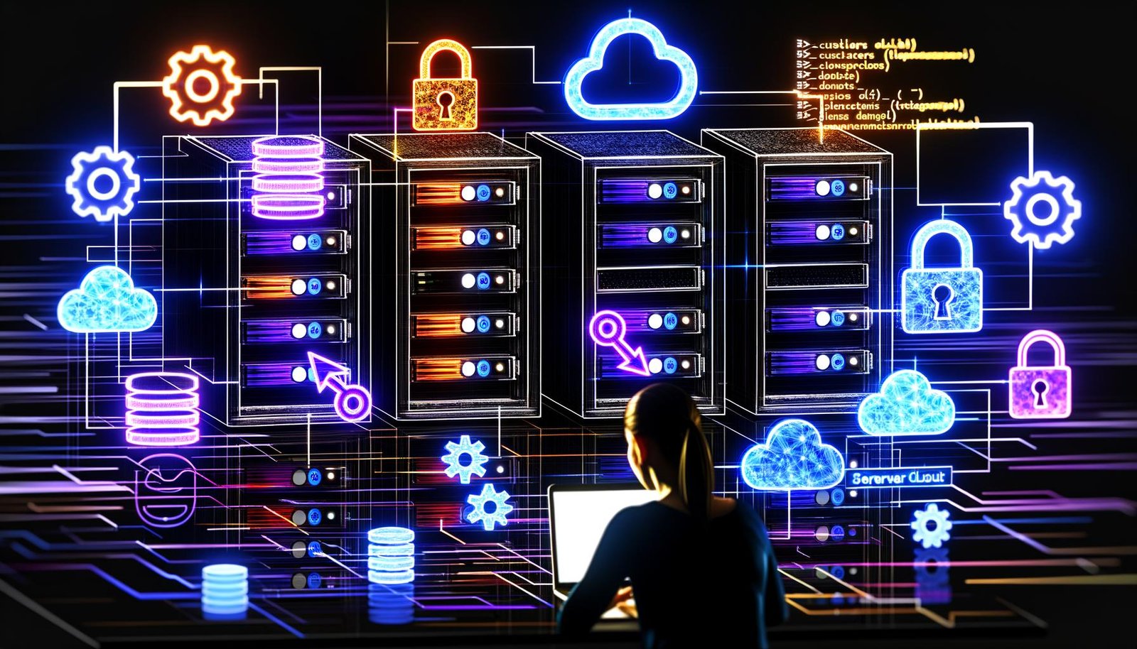 Abstraktes Tech-Magazin-Cover mit Serverracks, Cloud- und JavaScript-Logos, API-Symbolen, einem fokussierten Creator am Laptop und einem modernen Darkmode-Dashboard mit Neonlicht.