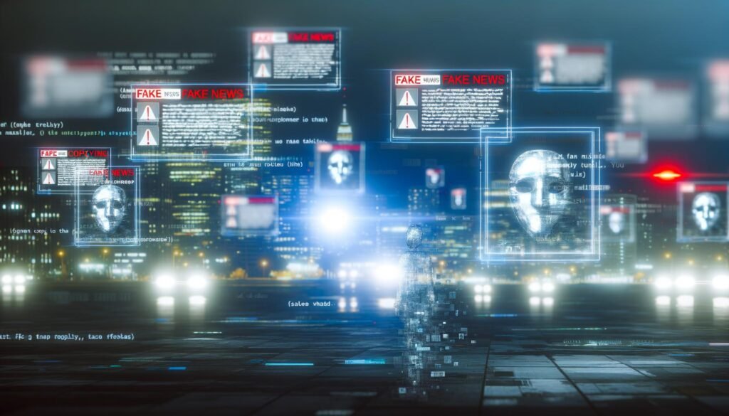 Futuristische Großstadt bei Nacht mit leuchtenden Social-Media-Hologrammen, maskenhaften Figuren mit Bildschirm-Gesichtern, Warnzeichen und einer verlorenen menschlichen Gestalt – Symbol für digitale Unsicherheit und Fake News.