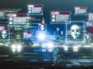 Futuristische Großstadt bei Nacht mit leuchtenden Social-Media-Hologrammen, maskenhaften Figuren mit Bildschirm-Gesichtern, Warnzeichen und einer verlorenen menschlichen Gestalt – Symbol für digitale Unsicherheit und Fake News.