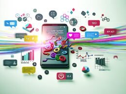 Moderne Flat-Design-Illustration eines Smartphones mit farbenfrohem Social-Media-Feed, umgeben von Analytics-Icons, Sprechblasen und Call-to-Action-Buttons als Symbol für effektives Online-Marketing 2024.