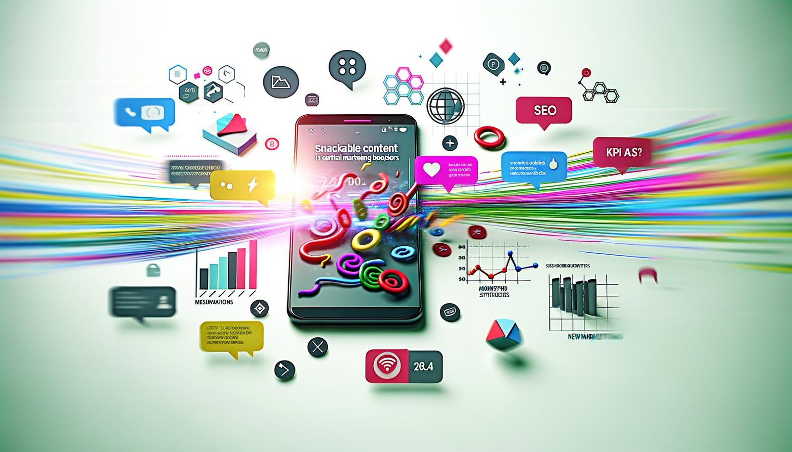 Moderne Flat-Design-Illustration eines Smartphones mit farbenfrohem Social-Media-Feed, umgeben von Analytics-Icons, Sprechblasen und Call-to-Action-Buttons als Symbol für effektives Online-Marketing 2024.