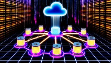 Futuristische Illustration eines dezentralen Jamstack CMS mit Headless-CMS-Kern, verbundenen Modulen, Performance-Grafen, Zahlenströmen und hervorgehobener Modularität.