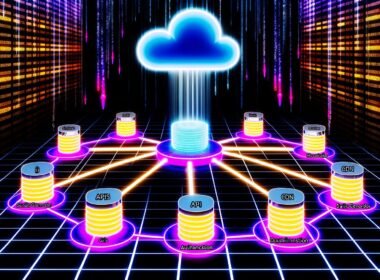 Futuristische Illustration eines dezentralen Jamstack CMS mit Headless-CMS-Kern, verbundenen Modulen, Performance-Grafen, Zahlenströmen und hervorgehobener Modularität.