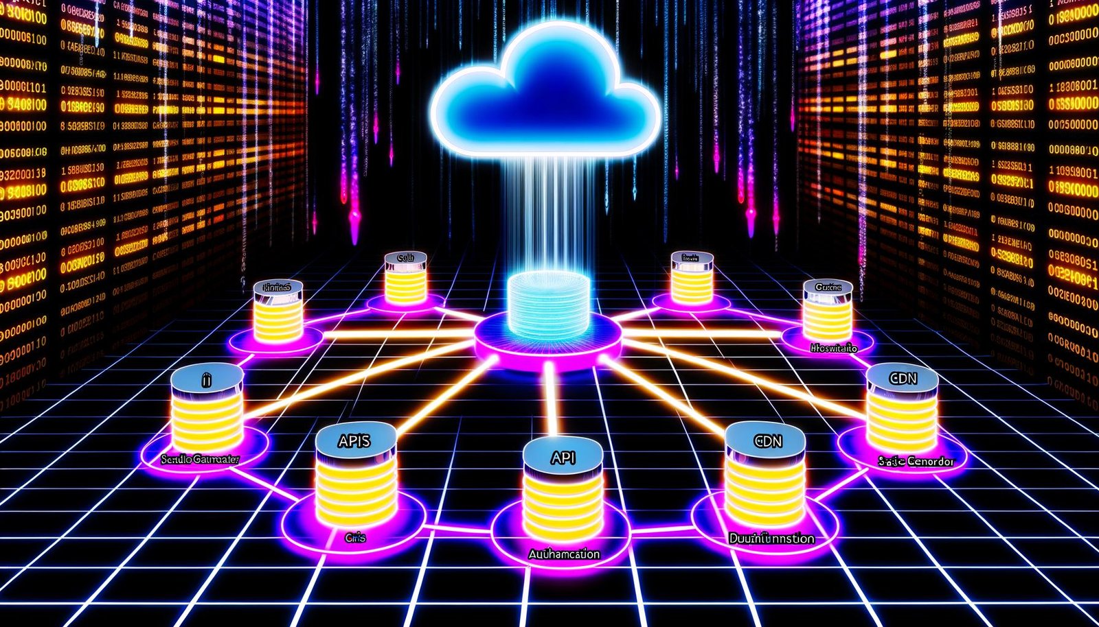 Futuristische Illustration eines dezentralen Jamstack CMS mit Headless-CMS-Kern, verbundenen Modulen, Performance-Grafen, Zahlenströmen und hervorgehobener Modularität.
