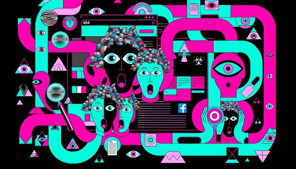 Illustration mit digitalem News-Feed, dramatischen KI-Symbolen und Social-Media-Icons, angstvollen Gesichtern sowie ruhigen Faktenchecker-Figuren mit Daten-Tools. Satirisches Editorial im Stil von 404 Magazine.