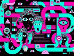 Illustration mit digitalem News-Feed, dramatischen KI-Symbolen und Social-Media-Icons, angstvollen Gesichtern sowie ruhigen Faktenchecker-Figuren mit Daten-Tools. Satirisches Editorial im Stil von 404 Magazine.