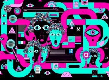 Illustration mit digitalem News-Feed, dramatischen KI-Symbolen und Social-Media-Icons, angstvollen Gesichtern sowie ruhigen Faktenchecker-Figuren mit Daten-Tools. Satirisches Editorial im Stil von 404 Magazine.