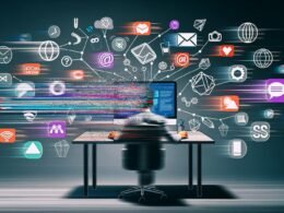 Dynamische Illustration eines gestressten Marketingprofis an einem überladenen Schreibtisch mit Content-Tools, digitalen Kanälen und Content-Häppchen im Flat-Design.