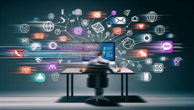 Dynamische Illustration eines gestressten Marketingprofis an einem überladenen Schreibtisch mit Content-Tools, digitalen Kanälen und Content-Häppchen im Flat-Design.