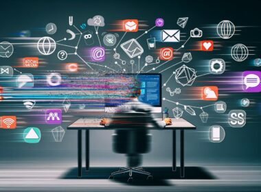 Dynamische Illustration eines gestressten Marketingprofis an einem überladenen Schreibtisch mit Content-Tools, digitalen Kanälen und Content-Häppchen im Flat-Design.