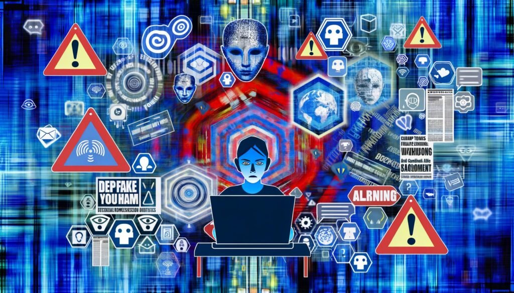 Person sitzt skeptisch vor Laptop, Bildschirm voller Warnmeldungen und Fake-News; umgeben von KI-Symbolen, Deepfake-Gesichtern, Pixelwolken und digitalen Codes in dystopischer Farbgebung