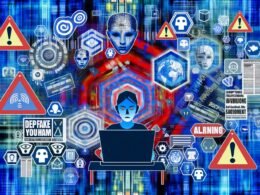 Person sitzt skeptisch vor Laptop, Bildschirm voller Warnmeldungen und Fake-News; umgeben von KI-Symbolen, Deepfake-Gesichtern, Pixelwolken und digitalen Codes in dystopischer Farbgebung