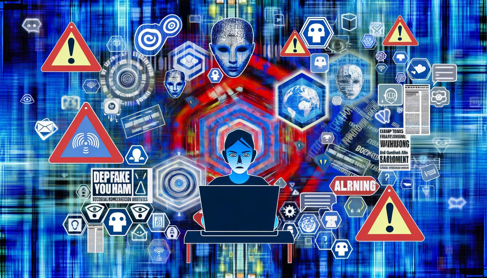 Person sitzt skeptisch vor Laptop, Bildschirm voller Warnmeldungen und Fake-News; umgeben von KI-Symbolen, Deepfake-Gesichtern, Pixelwolken und digitalen Codes in dystopischer Farbgebung