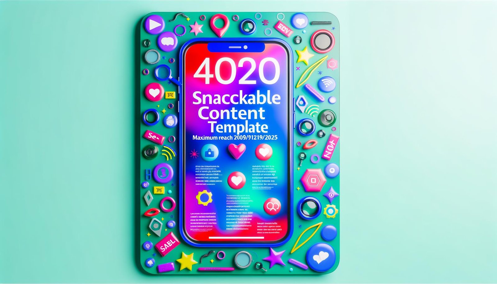 Modernes Editorial-Titelbild: Smartphone mit bunten Content-Snacks als digitale Bento-Box, umgeben von Social-Media-Elementen und SEO-Signalen auf frischem, neonakzentuiertem Hintergrund.