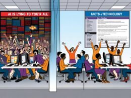 Digitale Illustration eines zweigeteilten Newsrooms mit aufgeregter Panikmache auf der einen und sachlicher Analyse auf der anderen Seite, getrennt durch eine Glasscheibe.