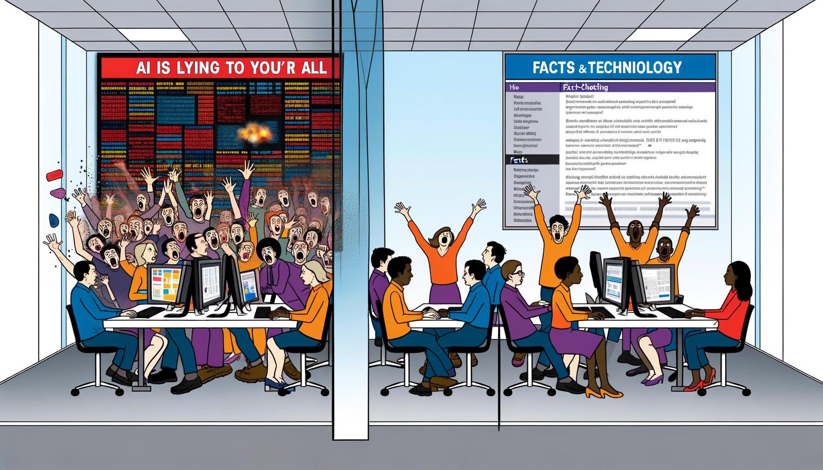 Digitale Illustration eines zweigeteilten Newsrooms mit aufgeregter Panikmache auf der einen und sachlicher Analyse auf der anderen Seite, getrennt durch eine Glasscheibe.