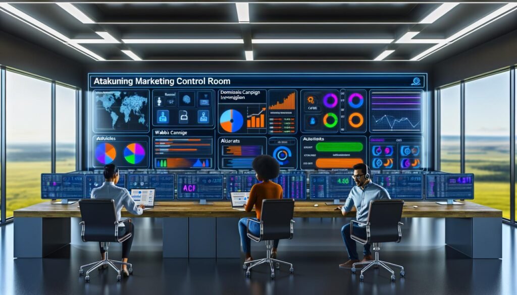 Futuristisches Marketing-Büro mit großen Monitoren, die verschiedene digitale Dashboards, Echtzeit-KPIs und Datenströme aus Werbe- und Analyseplattformen zeigen. Zwei konzentrierte Marketer arbeiten an Laptop und Tablet.