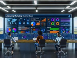 Futuristisches Marketing-Büro mit großen Monitoren, die verschiedene digitale Dashboards, Echtzeit-KPIs und Datenströme aus Werbe- und Analyseplattformen zeigen. Zwei konzentrierte Marketer arbeiten an Laptop und Tablet.