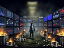 Verlorener Marketer mit Augenbinde im dunklen Kontrollraum voller analytischer Dashboards, Warnsymbole, Datenlinien und verbrennender Budgetstapel.