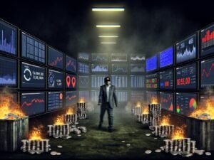 Verlorener Marketer mit Augenbinde im dunklen Kontrollraum voller analytischer Dashboards, Warnsymbole, Datenlinien und verbrennender Budgetstapel.