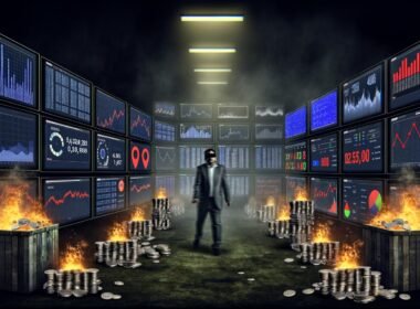 Verlorener Marketer mit Augenbinde im dunklen Kontrollraum voller analytischer Dashboards, Warnsymbole, Datenlinien und verbrennender Budgetstapel.