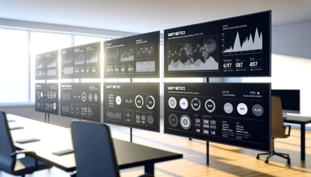 Modern gestaltetes Datenanalyse-Dashboard mit hervorstechenden KPIs und fokussierten Marketer:innen in einem hellen Büro