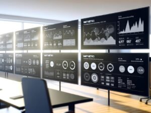 Modern gestaltetes Datenanalyse-Dashboard mit hervorstechenden KPIs und fokussierten Marketer:innen in einem hellen Büro