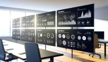 Modern gestaltetes Datenanalyse-Dashboard mit hervorstechenden KPIs und fokussierten Marketer:innen in einem hellen Büro