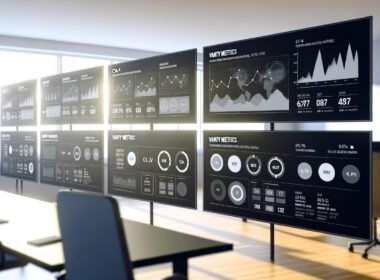 Modern gestaltetes Datenanalyse-Dashboard mit hervorstechenden KPIs und fokussierten Marketer:innen in einem hellen Büro