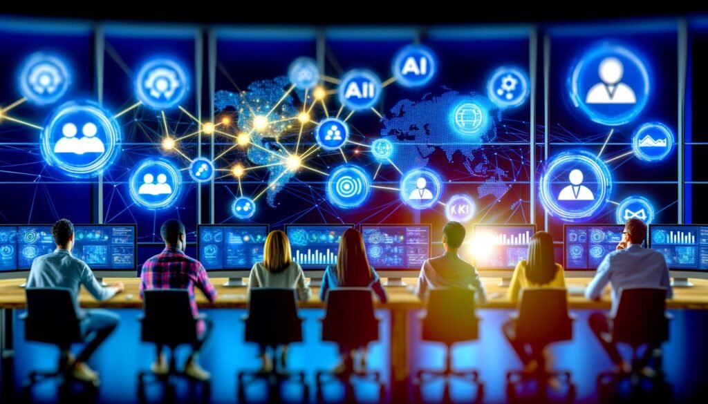 Junge Marketer in einem technologischen Kommandoraum analysieren Marketing-KPIs auf großen Displays mit AI-gesteuerten Grafiken und vernetzten Plattformlogos wie Google Ads, Meta, LinkedIn und CRM-Systemen.