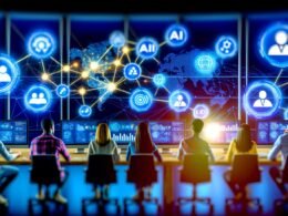 Junge Marketer in einem technologischen Kommandoraum analysieren Marketing-KPIs auf großen Displays mit AI-gesteuerten Grafiken und vernetzten Plattformlogos wie Google Ads, Meta, LinkedIn und CRM-Systemen.