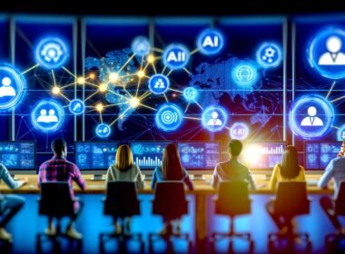 Junge Marketer in einem technologischen Kommandoraum analysieren Marketing-KPIs auf großen Displays mit AI-gesteuerten Grafiken und vernetzten Plattformlogos wie Google Ads, Meta, LinkedIn und CRM-Systemen.