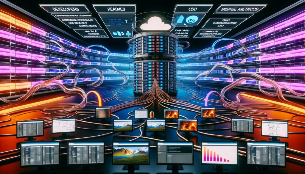 Futuristische Serverlandschaft mit Headless-CMS-Dashboard, fließenden Datenströmen für verschiedene digitale Assets, automatisierten CI/CD-Pipelines und global vernetzten Servern im modernen Command Center Stil.