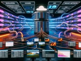 Futuristische Serverlandschaft mit Headless-CMS-Dashboard, fließenden Datenströmen für verschiedene digitale Assets, automatisierten CI/CD-Pipelines und global vernetzten Servern im modernen Command Center Stil.