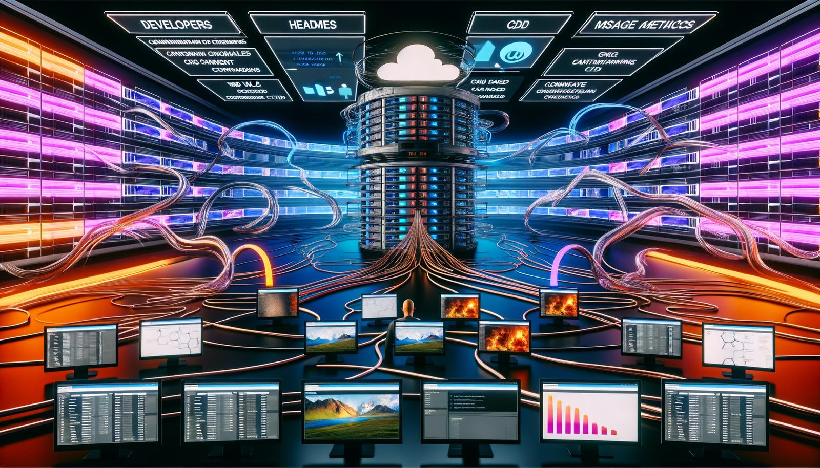 Futuristische Serverlandschaft mit Headless-CMS-Dashboard, fließenden Datenströmen für verschiedene digitale Assets, automatisierten CI/CD-Pipelines und global vernetzten Servern im modernen Command Center Stil.