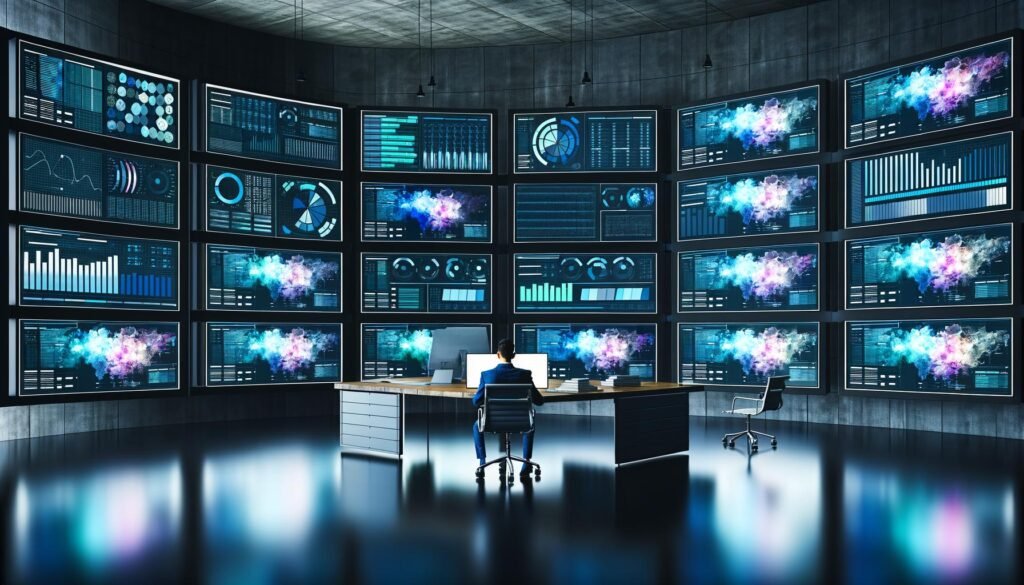 Fokussierte Person in zeitgemäßem Business-Casual-Outfit analysiert granulare Marketingmetriken auf mehreren bunten Dashboards in einem modernen, düsteren Kontrollraum.
