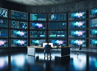 Fokussierte Person in zeitgemäßem Business-Casual-Outfit analysiert granulare Marketingmetriken auf mehreren bunten Dashboards in einem modernen, düsteren Kontrollraum.
