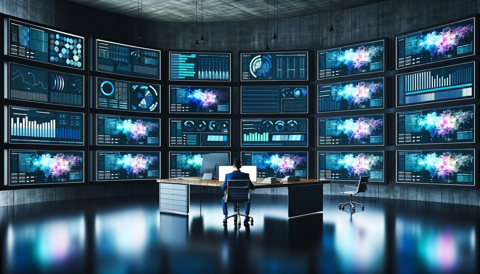 Fokussierte Person in zeitgemäßem Business-Casual-Outfit analysiert granulare Marketingmetriken auf mehreren bunten Dashboards in einem modernen, düsteren Kontrollraum.