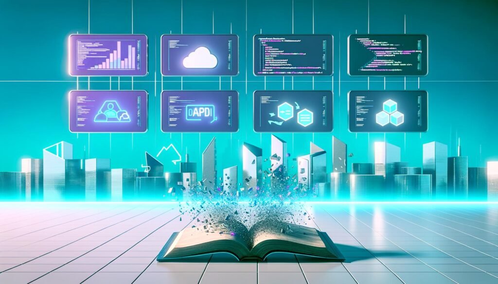 Ultra-moderner Schreibtisch mit mehreren randlosen Monitoren, dynamischen Datenströmen, Backend-APIs, Code-Editor, Headless CMS-Interface und zerfallendem digitalem Buch, flankiert von Cloud-, API-, JavaScript- und Serverless-Icons vor einer pixeligen Skyline und Serverracks.