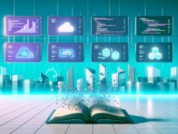 Ultra-moderner Schreibtisch mit mehreren randlosen Monitoren, dynamischen Datenströmen, Backend-APIs, Code-Editor, Headless CMS-Interface und zerfallendem digitalem Buch, flankiert von Cloud-, API-, JavaScript- und Serverless-Icons vor einer pixeligen Skyline und Serverracks.