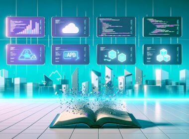 Ultra-moderner Schreibtisch mit mehreren randlosen Monitoren, dynamischen Datenströmen, Backend-APIs, Code-Editor, Headless CMS-Interface und zerfallendem digitalem Buch, flankiert von Cloud-, API-, JavaScript- und Serverless-Icons vor einer pixeligen Skyline und Serverracks.