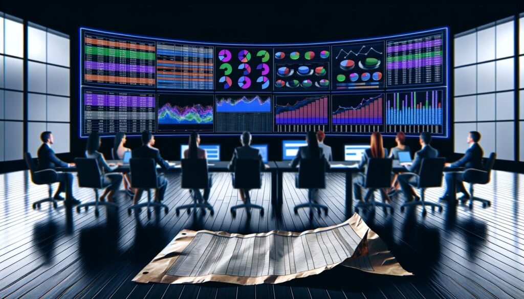 Marketing-Team analysiert konzentriert farbige Performance-Dashboards mit Daten und Metriken in einem modernen, dunklen Büro. Im Vordergrund liegt eine vernachlässigte Excel-Tabelle.