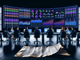 Marketing-Team analysiert konzentriert farbige Performance-Dashboards mit Daten und Metriken in einem modernen, dunklen Büro. Im Vordergrund liegt eine vernachlässigte Excel-Tabelle.