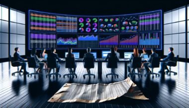 Marketing-Team analysiert konzentriert farbige Performance-Dashboards mit Daten und Metriken in einem modernen, dunklen Büro. Im Vordergrund liegt eine vernachlässigte Excel-Tabelle.