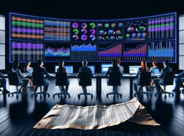 Marketing-Team analysiert konzentriert farbige Performance-Dashboards mit Daten und Metriken in einem modernen, dunklen Büro. Im Vordergrund liegt eine vernachlässigte Excel-Tabelle.