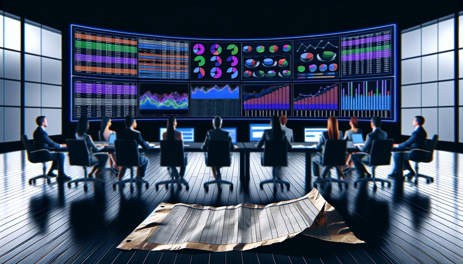 Marketing-Team analysiert konzentriert farbige Performance-Dashboards mit Daten und Metriken in einem modernen, dunklen Büro. Im Vordergrund liegt eine vernachlässigte Excel-Tabelle.