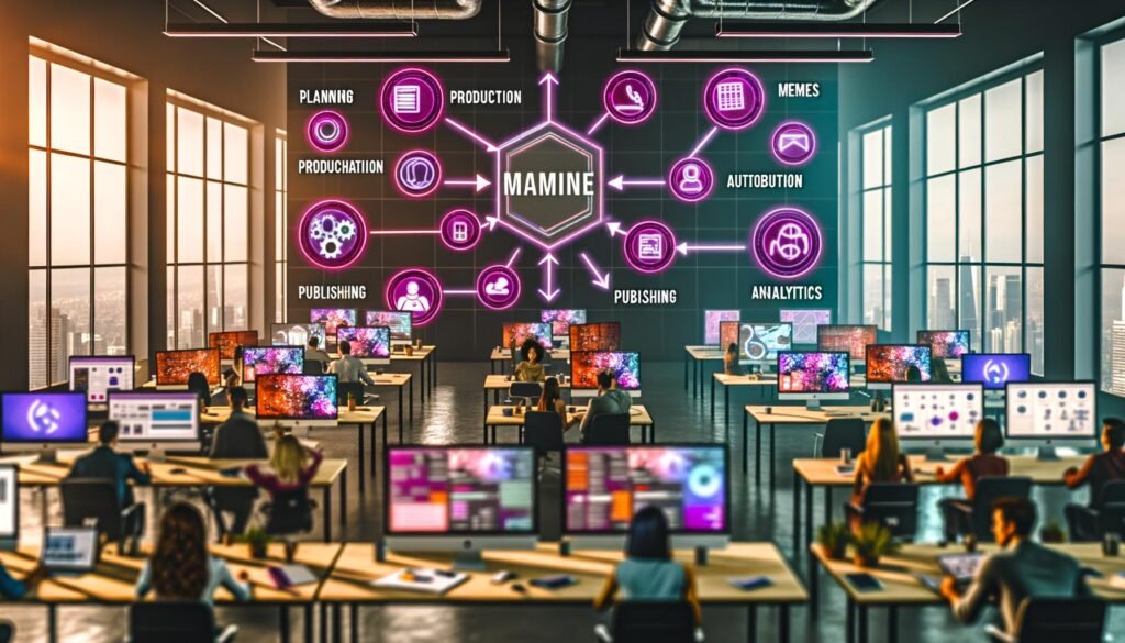 Moderne digitale Arbeitsumgebung mit Marketers, großen Smartphones und Monitoren, die bunte snackable Contents wie Micro-Infografiken, Videos, Memes und GIFs zeigen. Workflow-Icons betonen schnelle Prozesse und technologische Trends 2025.