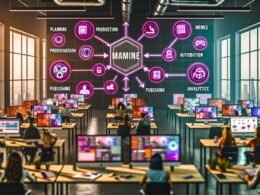 Moderne digitale Arbeitsumgebung mit Marketers, großen Smartphones und Monitoren, die bunte snackable Contents wie Micro-Infografiken, Videos, Memes und GIFs zeigen. Workflow-Icons betonen schnelle Prozesse und technologische Trends 2025.