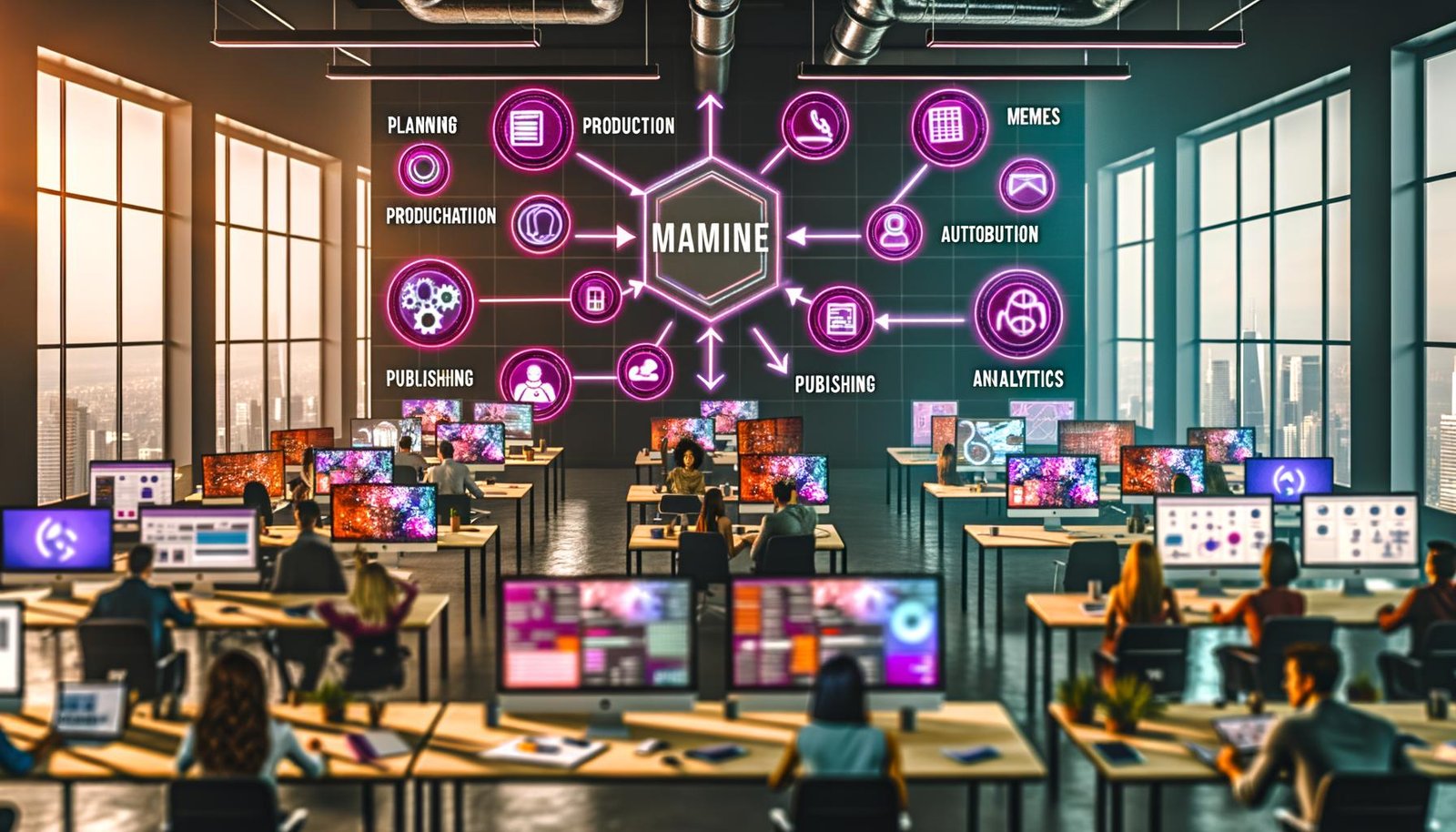 Moderne digitale Arbeitsumgebung mit Marketers, großen Smartphones und Monitoren, die bunte snackable Contents wie Micro-Infografiken, Videos, Memes und GIFs zeigen. Workflow-Icons betonen schnelle Prozesse und technologische Trends 2025.